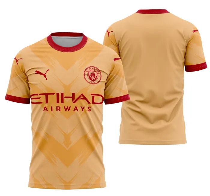 Camiseta unissex branca com logo no peito e estampa grande nas costas inspirada no Manchester City Concept 2023, modelo 4, perfeita para torcedores que buscam estilo e conforto.
