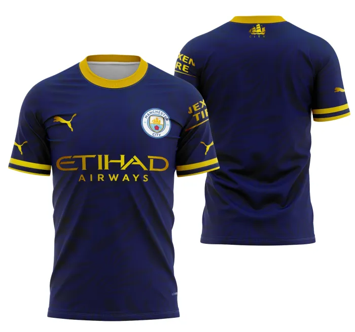 Camiseta unissex preta com logo no peito e estampa grande nas costas inspirada no Manchester City Concept 2023 Modelo 5, perfeita para fãs do futebol