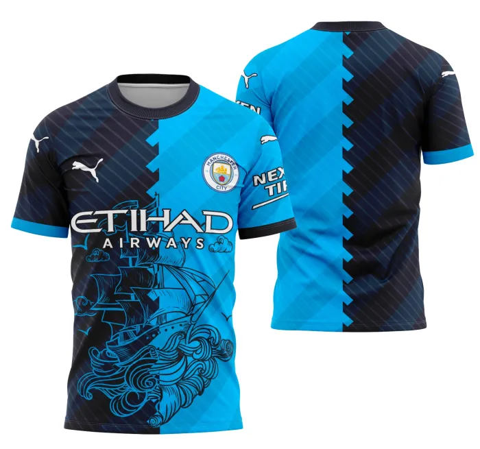 Camiseta unissex preta com logo no peito e estampa grande nas costas inspirada em Manchester City Concept 2023 Modelo 6.