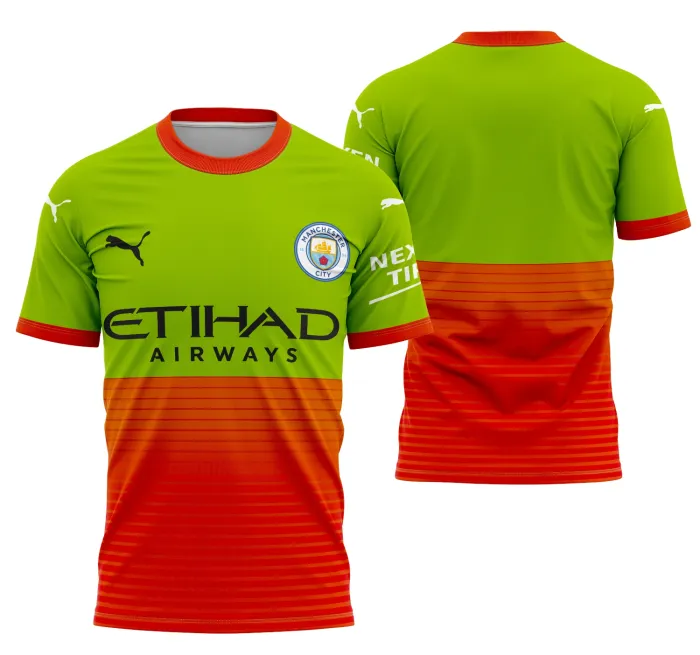 Camiseta unissex preta com logo no peito e estampa grande nas costas inspirada no Manchester City Concept 2023 Modelo 7, perfeita para fãs do time que buscam estilo e conforto.