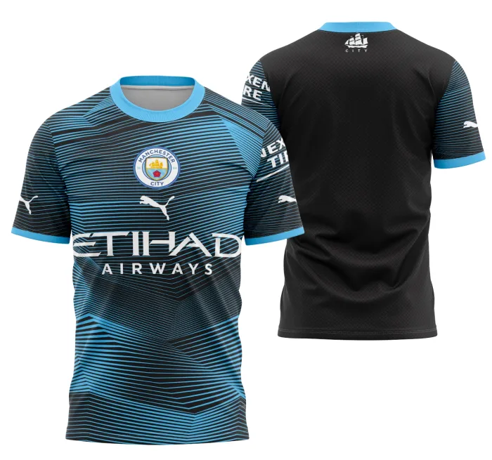 Camiseta unissex preta com logo no peito e estampa grande nas costas, tema Manchester City Concept 2023 Modelo 9 em design moderno e esportivo.