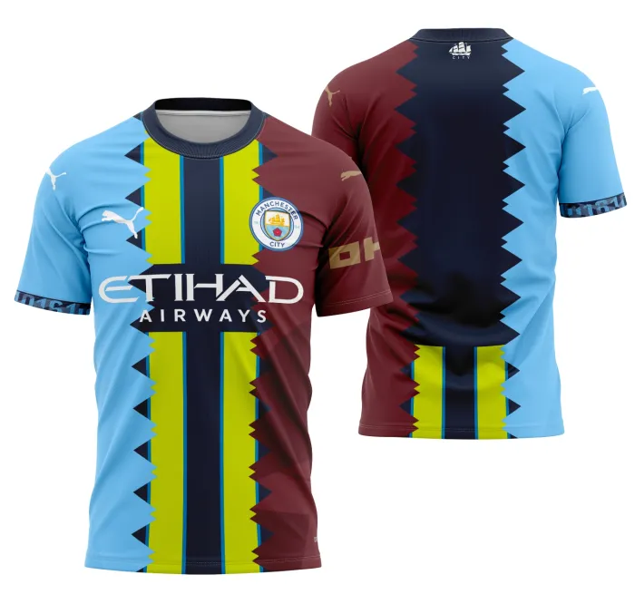 Camiseta unissex preta com logo no peito e estampa grande nas costas inspirada no Manchester City Concept 2024, destaque moderno e design único para fãs do futebol.