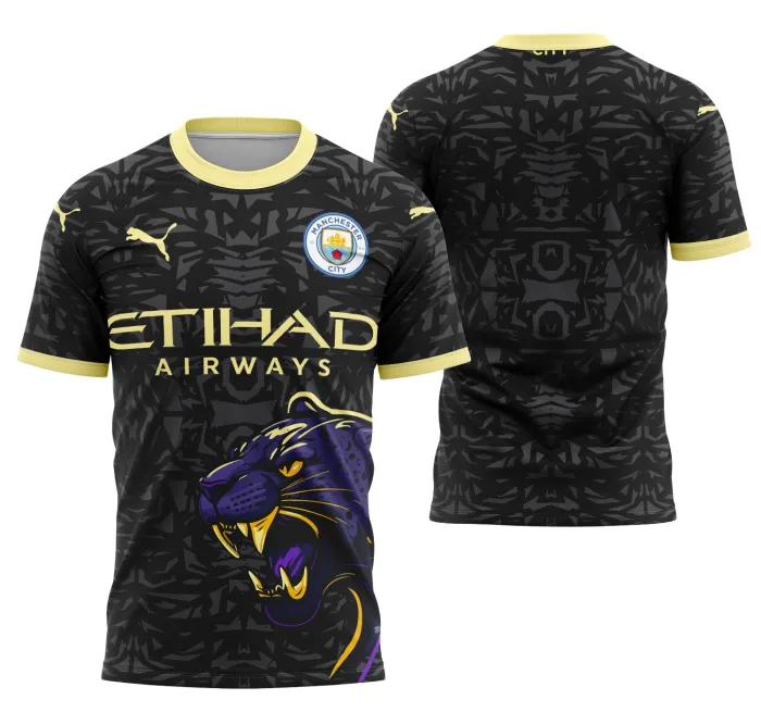 Camiseta preta unissex com logo no peito e estampa grande nas costas do Manchester City Concept 2024 Modelo 3, design moderno e impactante perfeito para fãs do time.