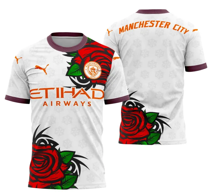 Foto de camiseta unissex preta com logo no peito e estampa grande nas costas inspirada no Manchester City Concept 2024 Modelo 4, design moderno e esportivo.