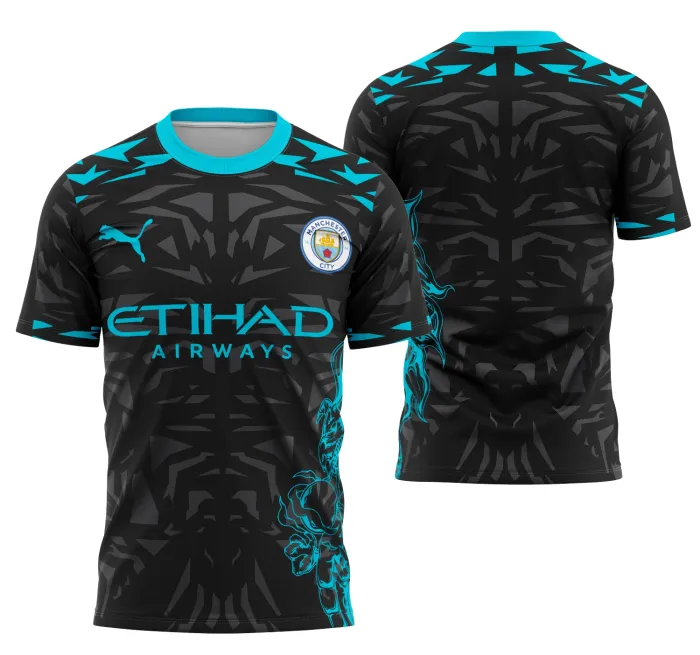 Camiseta unissex preta com logo no peito e estampa grande nas costas, com tema Manchester City Concept 2024 Modelo 6 em estilo moderno e urbano.