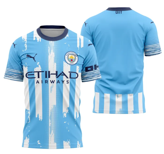 Camiseta unissex preta com logo no peito e estampa grande nas costas inspirada no Manchester City Concept 2025 Modelo 2, ideal para torcedores que buscam estilo e atitude.