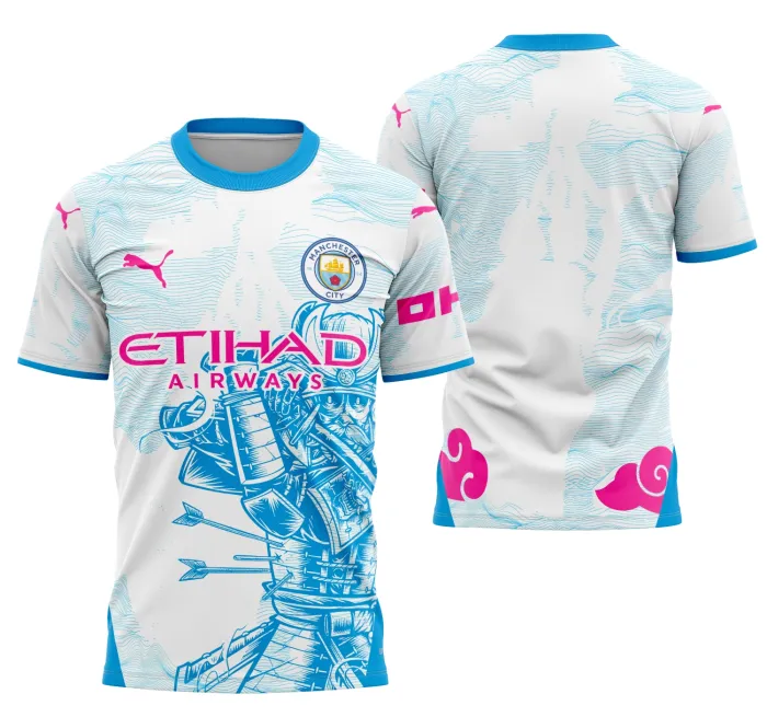 Camiseta unissex preta com logo no peito e estampa grande nas costas representando o conceito Manchester City Concept 2025 Modelo 3.