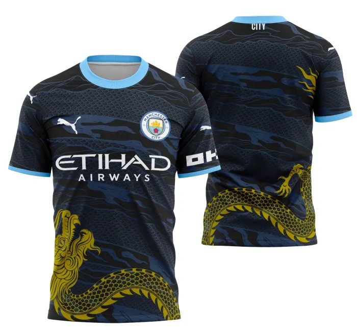 Camiseta unissex preta com logo no peito e estampa grande nas costas do Manchester City Concept 2026, design moderno e estiloso para fãs do futebol.