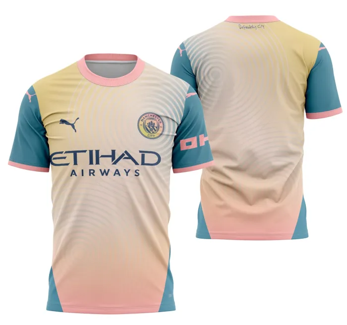 Camiseta unissex preta com logo no peito e estampa grande nas costas do Manchester City Cuarta 2024-2025, ideal para fãs do futebol e colecionadores de camisa temática.