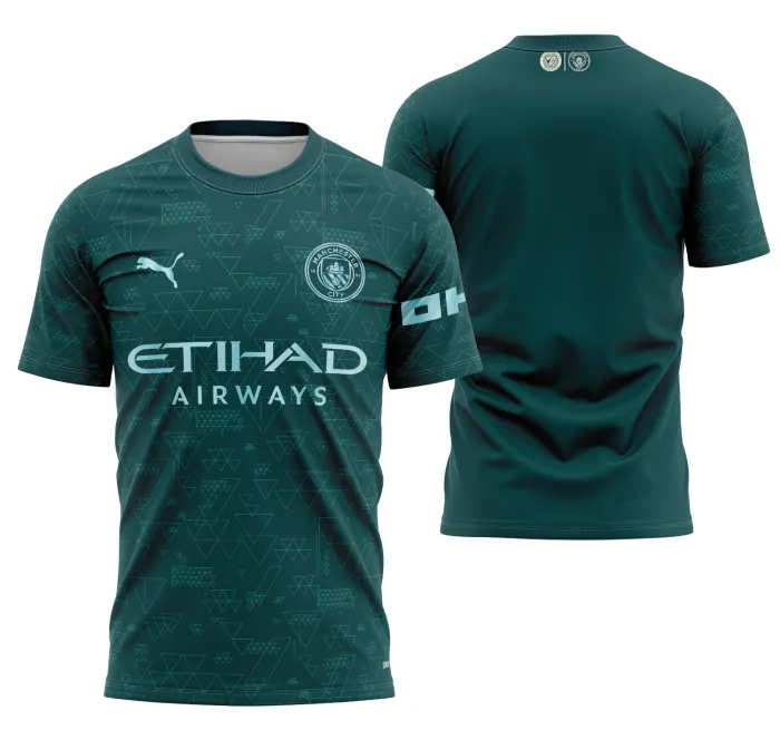 Camisa preta unissex com logo no peito e estampa grande nas costas do Manchester City Cuarta 2025-2026, perfeita para fãs que buscam estilo e conforto.