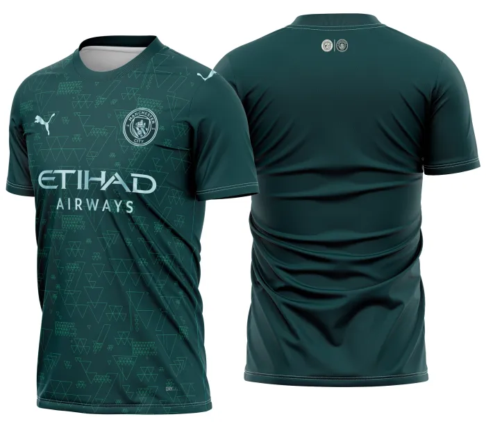Camiseta unissex preta com logo do Manchester City EA SPORTS FC no peito e estampa grande nas costas com design exclusivo inspirado no clube.