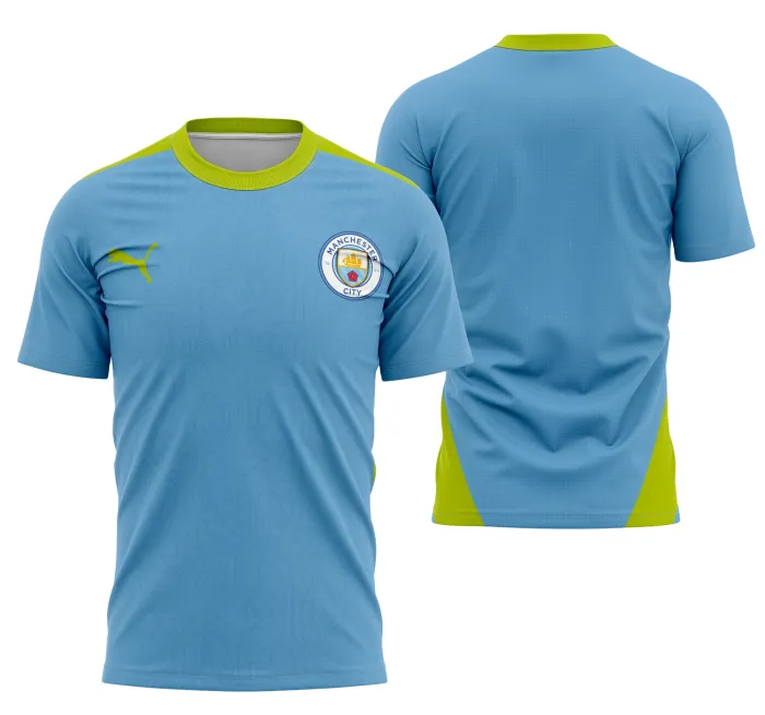 Camiseta unissex de cor preta com logo no peito e estampa grande nas costas, inspirada na camisa Manchester City Entreno 2024-2025, ideal para fãs do futebol.