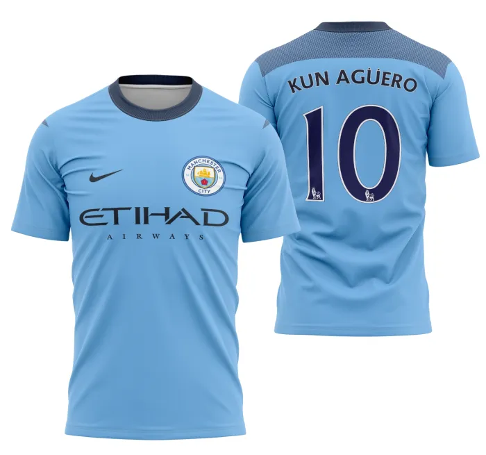 Camiseta unissex branca com logo no peito e estampa grande nas costas com tema Manchester City Home Jersey 2016-2017, ideal para fãs do futebol.