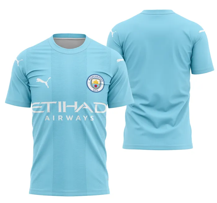 Camisa unissex preta com logo no peito e estampa grande nas costas do Manchester City Local 2023-2024, ideal para fãs do clube.