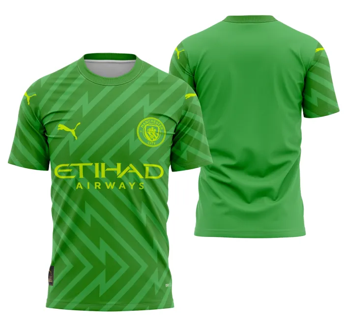 Camiseta unissex preta com logo no peito e estampa grande nas costas do Manchester City Portero 2023-2024, ideal para fãs do time com design moderno e marcante.