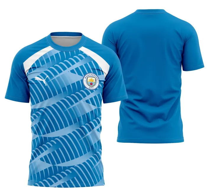 Camiseta unissex preta com logo no peito e estampa grande nas costas inspirada no Manchester City Pre-Match 2023-2024, ideal para fãs e personalização.