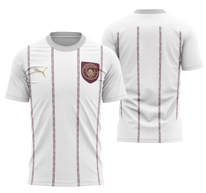 Camiseta unissex preta com logo do Manchester City no peito e estampa grande nas costas, modelo Pre-Match 2024-2025, perfeita para fãs do time.
