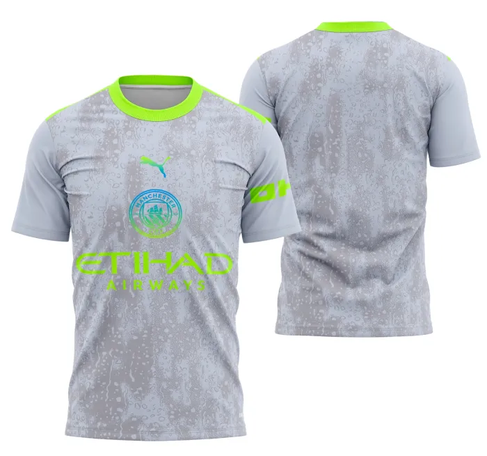 Camiseta unissex preta com logo no peito e estampa grande nas costas do Manchester City Tercera 2025-2026, mostrando estilo moderno e esportivo.
