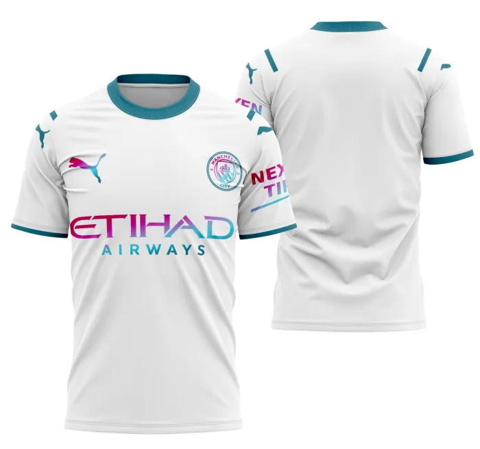 Camisa unissex preta com logo no peito e estampa grande nas costas do Manchester City Visita 2021-2022, ideal para torcedores que buscam estilo e conforto.