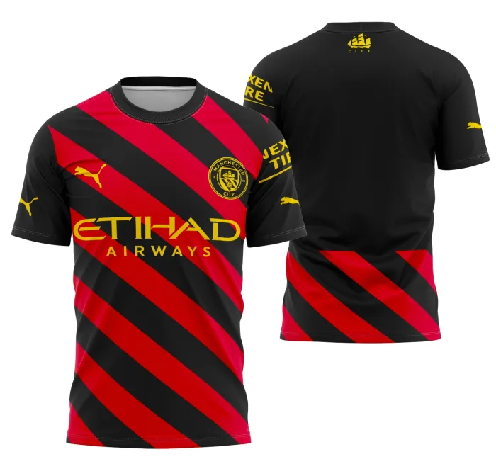 Camiseta unissex preta, com logo no peito e estampa grande nas costas, tema Camisa Manchester City Visita 2022-2023, ideal para torcedores apaixonados.