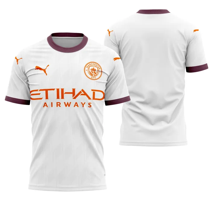Camiseta unissex preta com logo no peito e estampa grande nas costas do Manchester City Visita 2023-2024, perfeita para fãs do futebol em estilo moderno e casual.