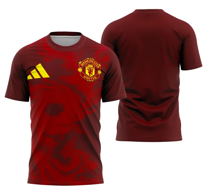 Camiseta unissex preta com logo no peito e estampa grande nas costas do Manchester United, destacando o visual esportivo e clássico do time.