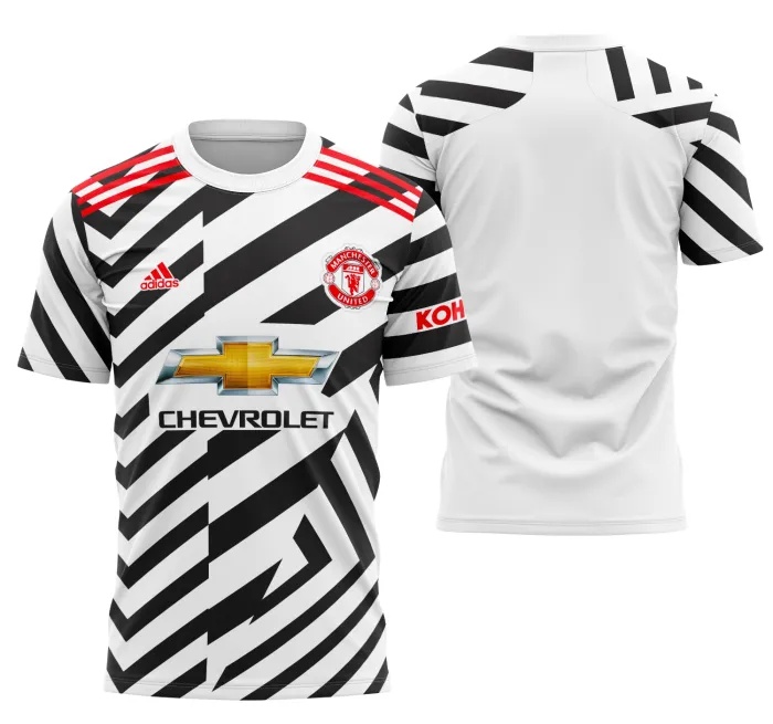 Camiseta unissex preta com logo no peito e estampa grande nas costas inspirada na camisa Manchester United Alternativa 2020-2021, ideal para fãs do futebol e estilo urbano.