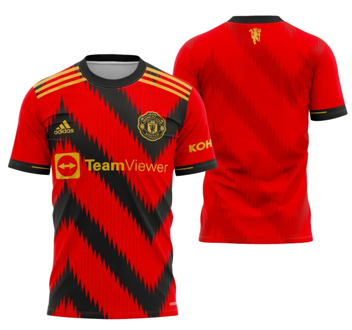 Camiseta unissex preta com logo no peito e estampa grande nas costas inspirada no Manchester United Concept 2021, design moderno e marcante.