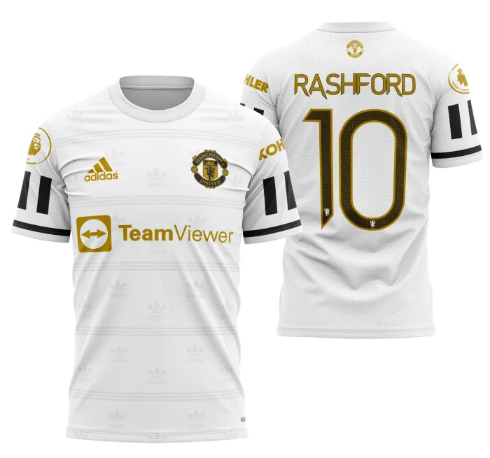 Foto de camiseta preta unissex com logo no peito e estampa grande nas costas, design inspirado no Manchester United Concept 2021 Modelo 1, perfeita para torcedores e fãs de futebol.
