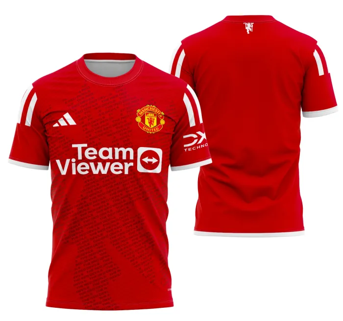 Camiseta unissex preta com logo no peito e estampa grande nas costas inspirada no Manchester United Concept 2023, estilo moderno e vibrante para fãs do futebol.