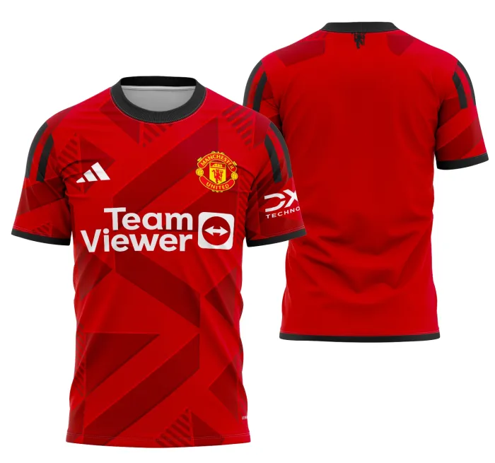 Camiseta unissex preta com logo no peito e estampa grande nas costas do Manchester United Concept 2023 Modelo 2, design moderno e estiloso para torcedores.