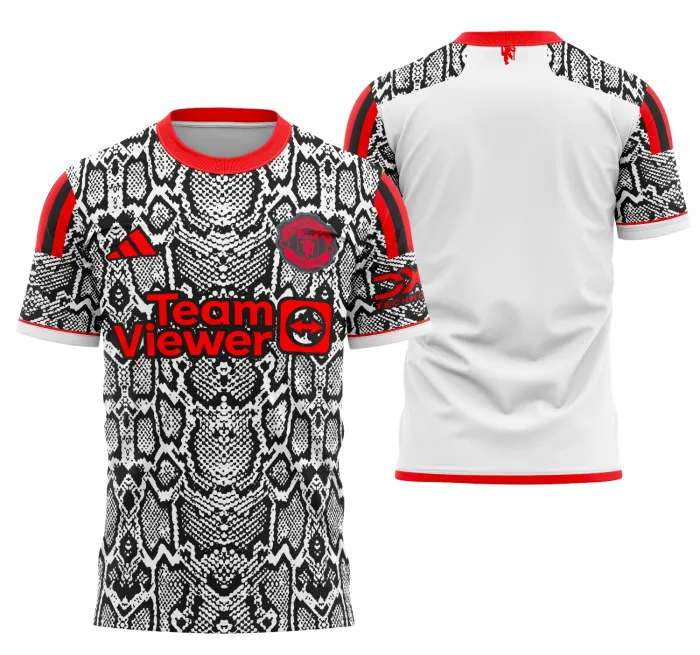 Camiseta unissex preta com logo no peito e estampa grande nas costas do Manchester United Concept 2023 Modelo 3, ideal para fãs do futebol e estilo urbano.