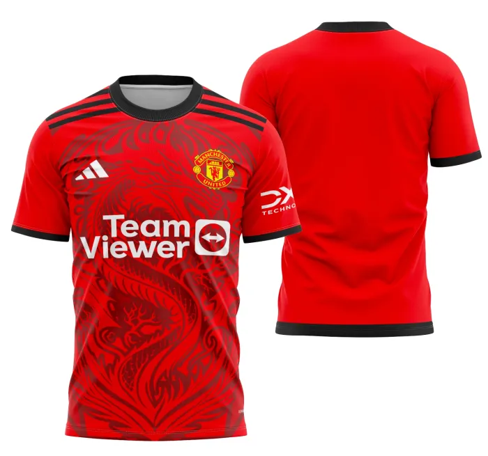 Camiseta unissex preta com logo no peito e estampa grande nas costas do Manchester United Concept 2024 Modelo 2, perfeita para fãs do time com design moderno e estiloso.