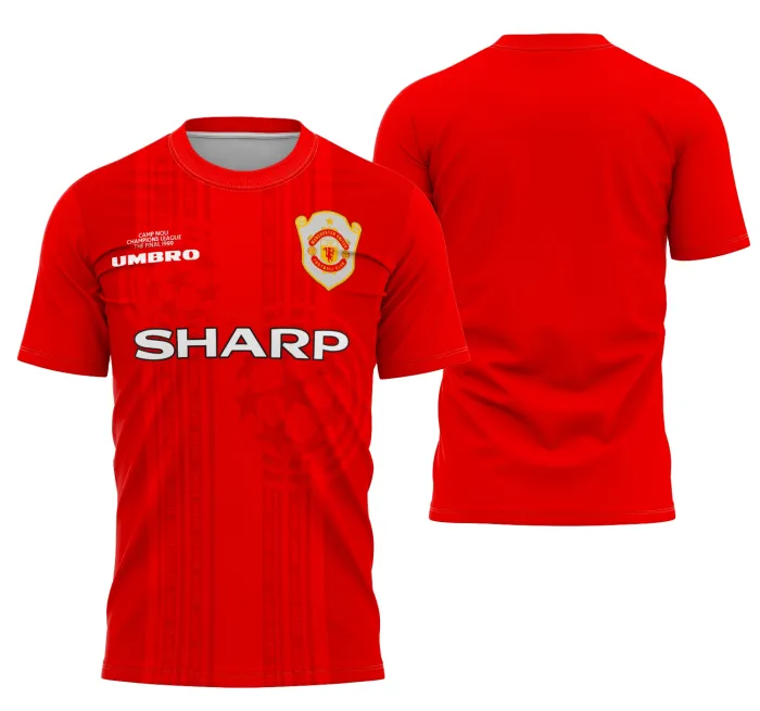 Camiseta unissex preta com logo no peito e estampa grande nas costas do uniforme Manchester United Local 1999-2000, perfeita para fãs e colecionadores do futebol.