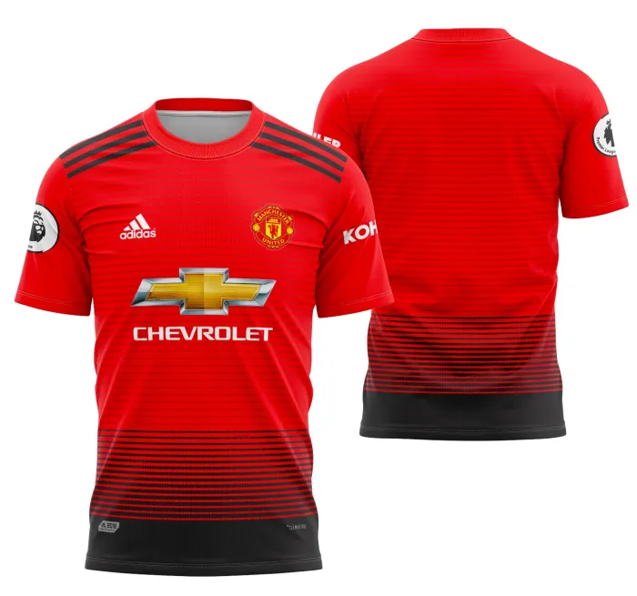 Camiseta unissex preta com logo no peito e estampa grande nas costas do Manchester United Local 2018 2019, ideal para fãs do time com estilo casual e moderno.
