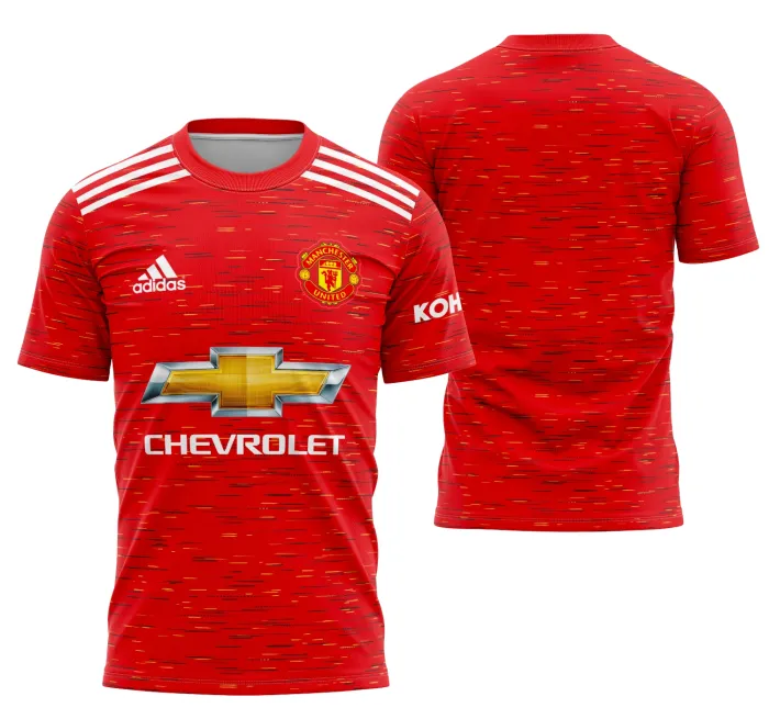 Camiseta unissex preta com logo no peito do Manchester United e estampa grande nas costas temática da camisa Manchester United Local 2020-2021.