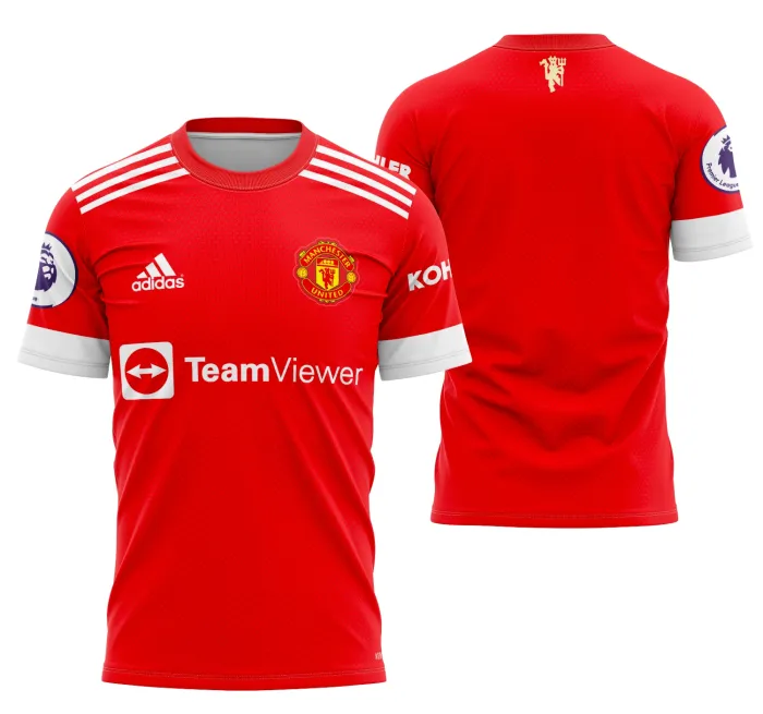 Camiseta unissex preta com logo no peito e estampa grande nas costas inspirada na camisa Manchester United Local 2021-2022, perfeita para fãs do futebol.