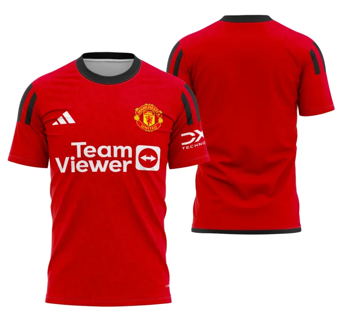 Camiseta unissex preta com logo no peito e estampa grande nas costas com tema Manchester United Local 2023-2024, ideal para torcedores apaixonados e fãs do futebol.