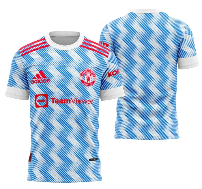 Camiseta unissex preta com logo do Manchester United no peito e estampa grande nas costas inspirada na camisa de visita 2021-2022, perfeito para fãs do time que buscam estilo e conforto.