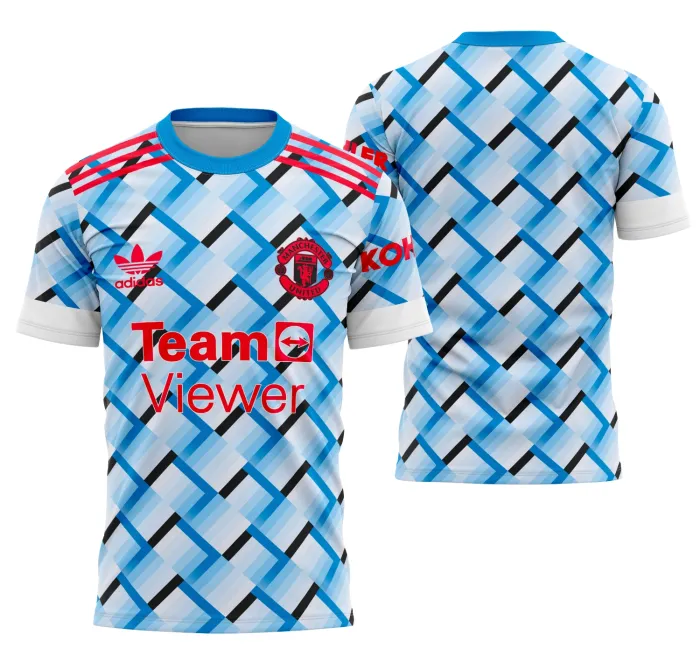 Camiseta unissex preta com logo no peito e estampa grande nas costas remetendo ao Manchester United Visita Concept 21-22, estilo moderno, conforto e visual marcante para fãs do futebol.