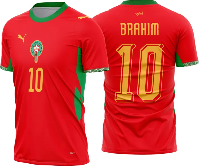 Camiseta unissex branca com logo no peito e estampa grande nas costas da seleção Marrocos Titular 2026-28, perfeita para fãs que buscam estilo e autenticidade
