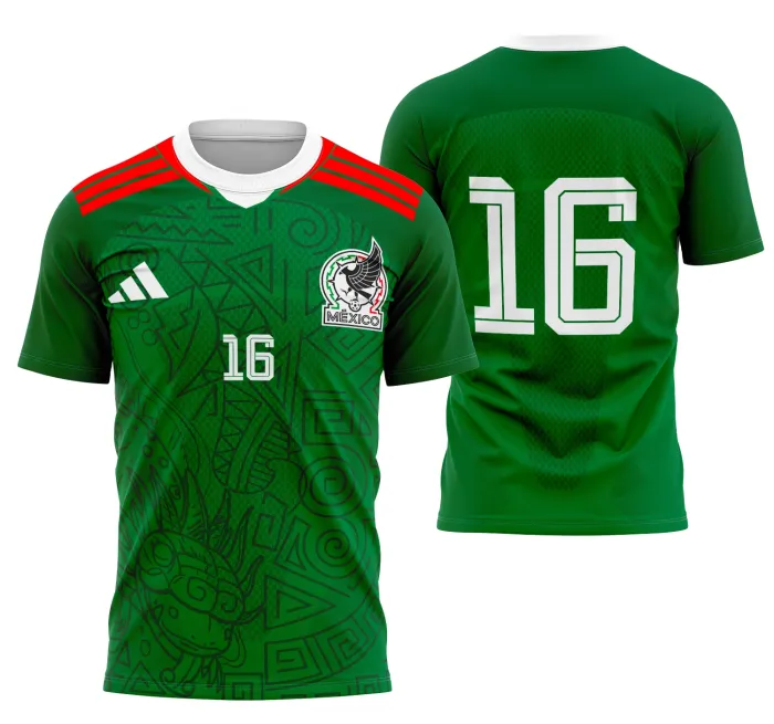 Camiseta unissex preta com logo no peito e estampa grande nas costas, tema México Conceito, ideal para estilo urbano e casual moderno.