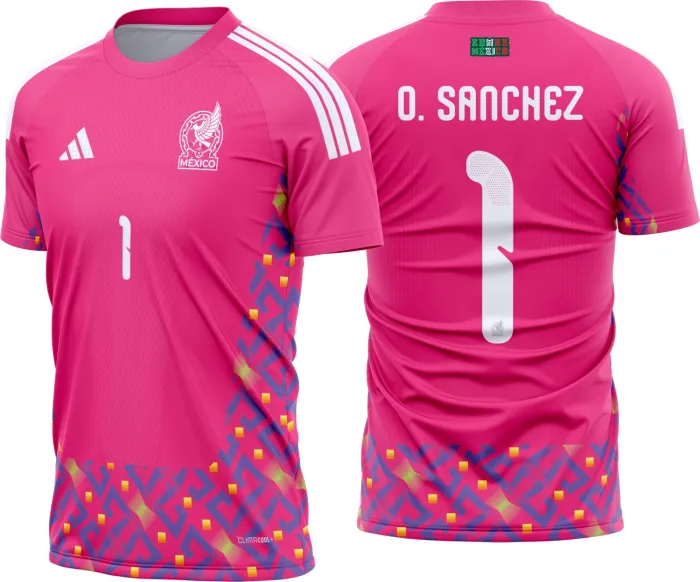 Camiseta unissex preta com logo no peito e estampa grande nas costas do goleiro do México 2026 2028, visual moderno e impactante para fãs da seleção mexicana.