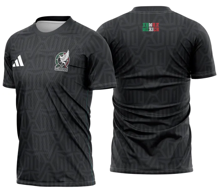 Camiseta unissex preta com logo no peito e estampa grande nas costas com tema México Terceiro Kit 2026, design moderno e esportivo ideal para torcedores e fãs de futebol.