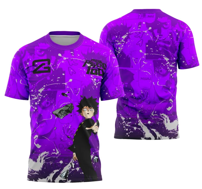 Camiseta unissex preta com logo no peito e estampa grande nas costas com tema de Mob Psycho, estilo moderno e vibrante, perfeita para fãs e amantes da cultura pop.