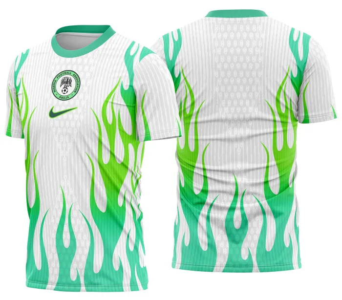 Camiseta unissex preta com logo no peito e estampa grande nas costas do Kit Reserva Vazado Nigéria 2026, ideal para fãs de futebol que buscam estilo e autenticidade.
