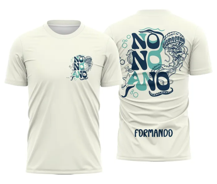 Camiseta unissex preta com logo no peito e estampa grande nas costas inspirada em Nono Ano Água Viva, perfeita para turma escolar com design moderno e atraente.