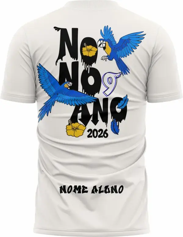 Camiseta unissex preta com logo no peito e estampa grande nas costas retratando Arara Azul em estilo único para a turma do Nono Ano.