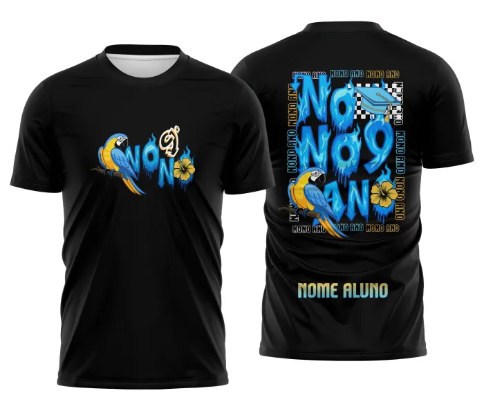 Camiseta unissex preta com logo no peito e estampa grande nas costas inspirada no Nono Ano Arara Azul, com design marcante e cores vibrantes, perfeita para fãs dessa temática.