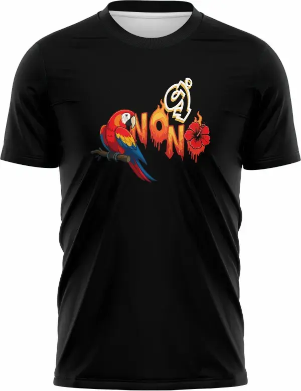 Foto de camiseta unissex preta com logo no peito e estampa grande nas costas mostrando Arara Vermelha e símbolo do Nono Ano, moderna e vibrante, perfeita para escola e eventos.